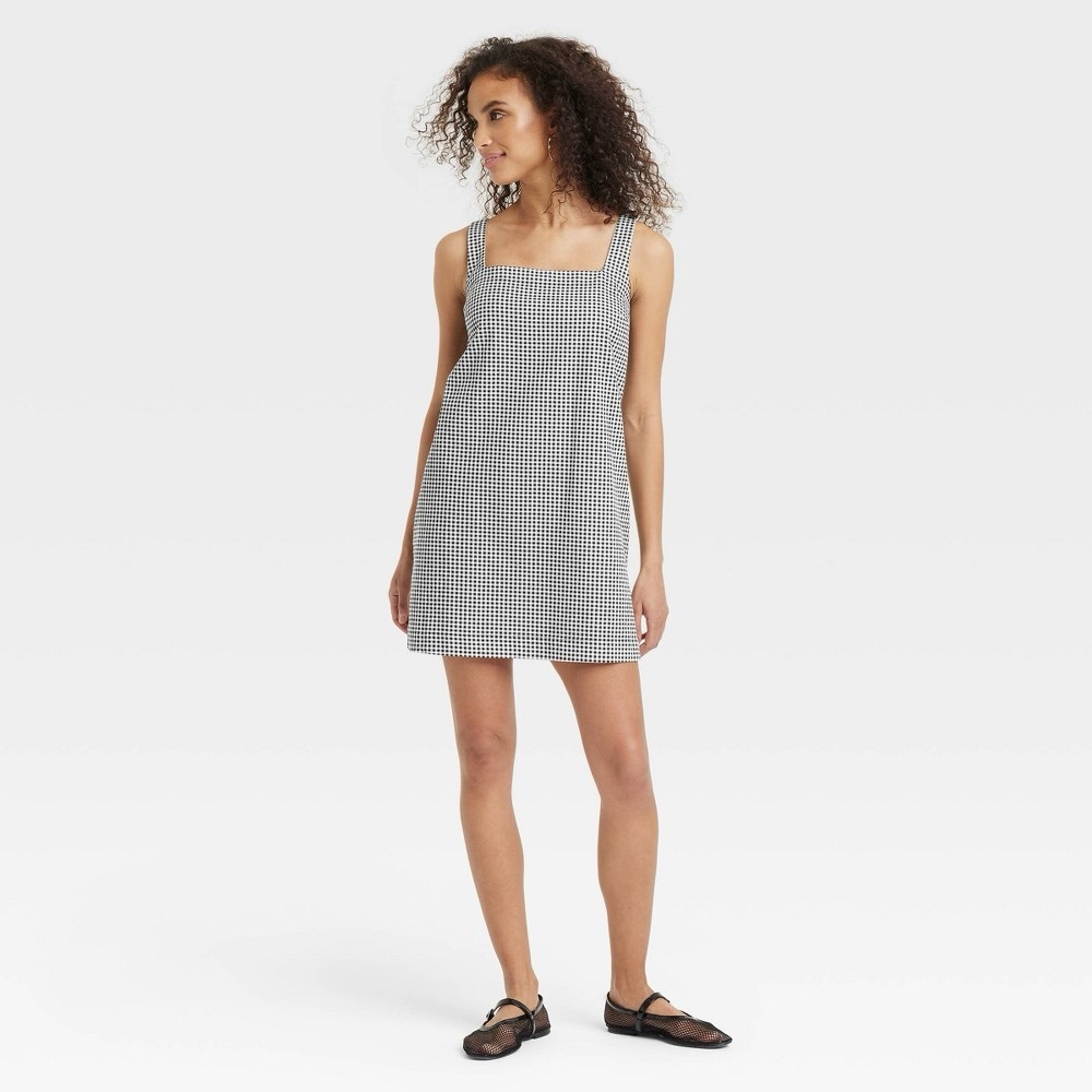 A New Day Women's Squareneck Tank Mini Shift Dress Black Gingham